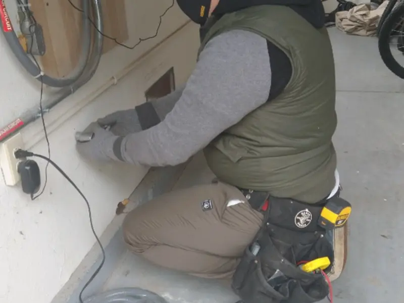 Electrician performing outlet wiring in a Stanwood garage
